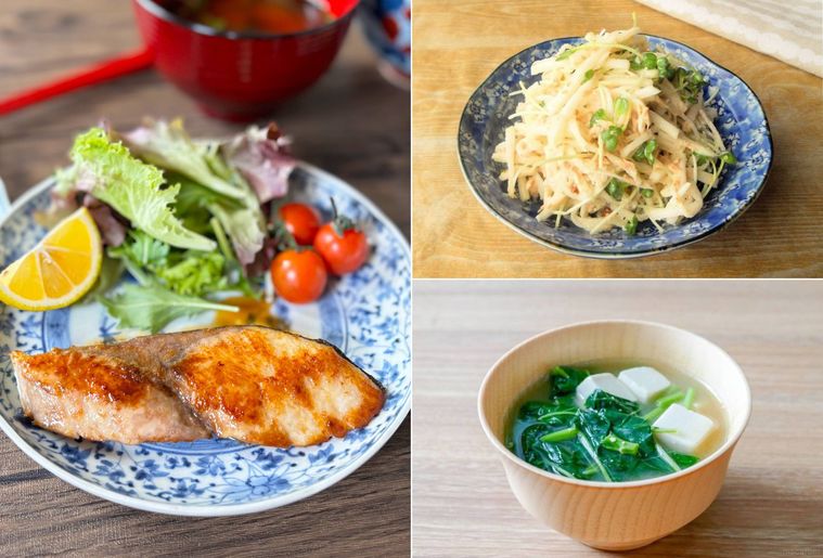 皿に盛られたぶりのバター醤油焼きと副菜、味噌汁をコラージュしたもの