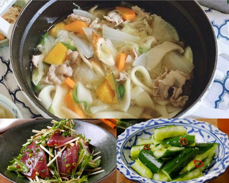 かつおサラダ・きゅうりの浅漬け・ほうとうの献立例