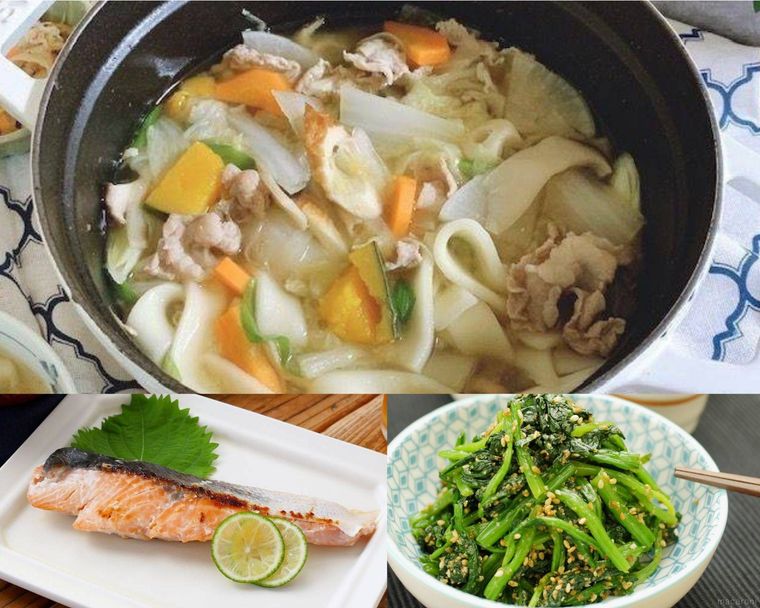 焼き鮭・ほうれんそうのごま和え・ほうとうの献立例