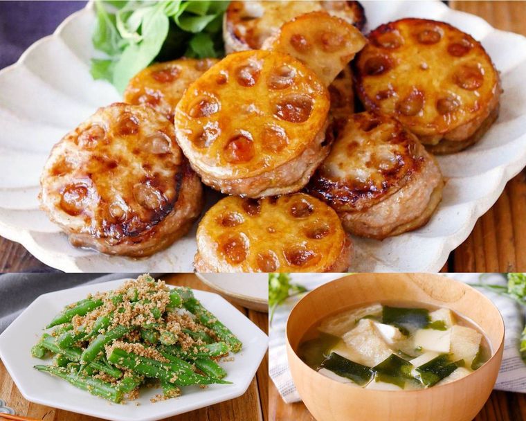 いんげんのごま和えと豆腐の味噌汁を合わせるれんこんはさみ焼きの献立