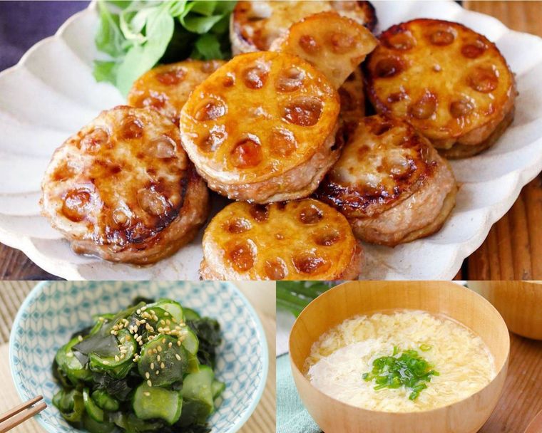 きゅうりの酢の物とかき玉汁を合わせるれんこんはさみ焼きの献立