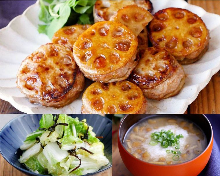 白菜の塩昆布和えとなめことろろ汁を合わせるれんこんはさみ焼きの献立