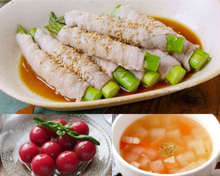 ミニトマトのマリネとコンソメスープを合わせるアスパラ肉巻き献立