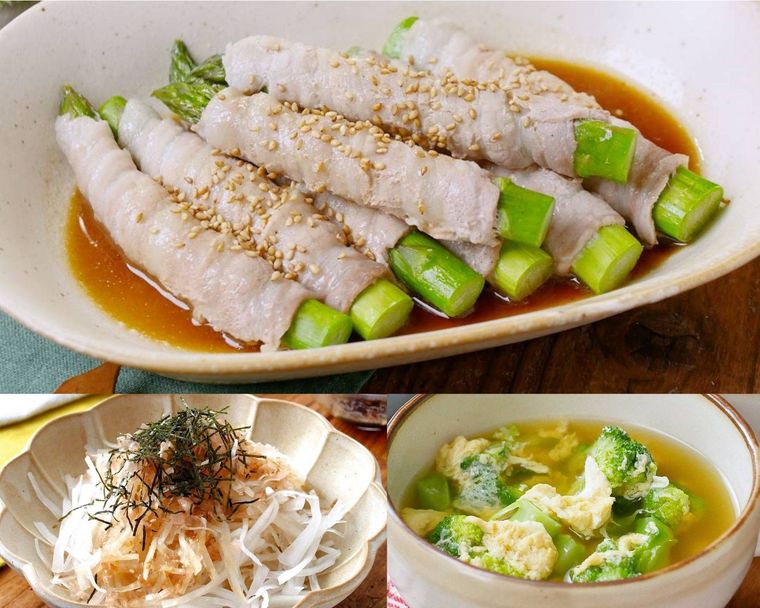 大根サラダと卵スープを合わせるアスパラ肉巻き献立