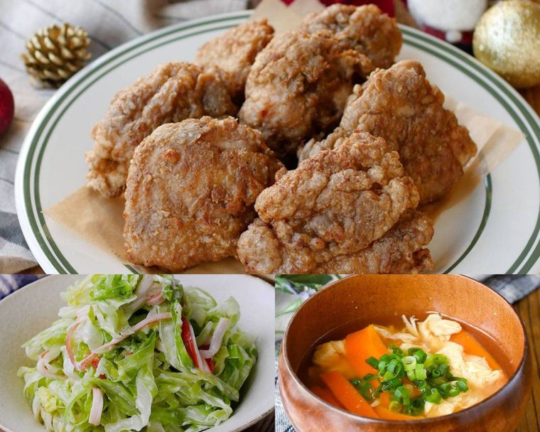フライドチキンにコールスローサラダと味噌汁を合わせる献立例