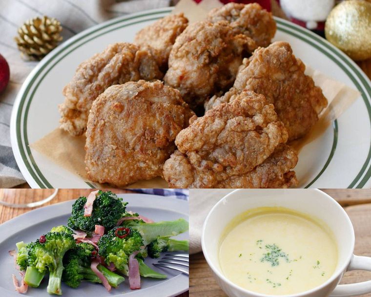 フライドチキンにブロッコリーの炒め物とコーンポタージュを合わせる献立例