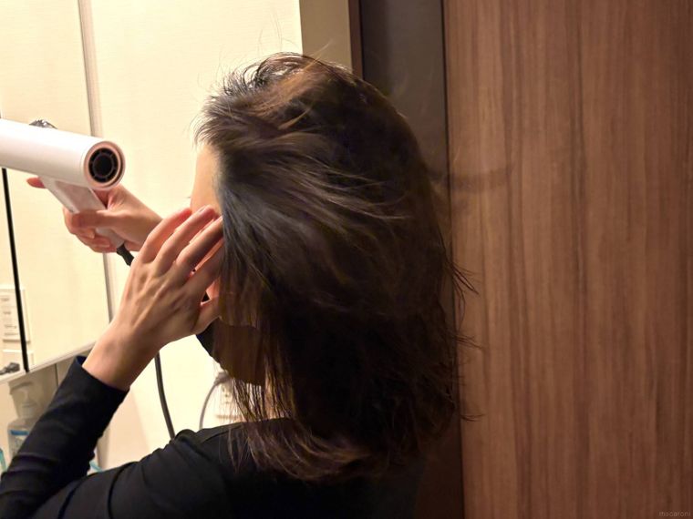 ゴリラのひとふきで髪を乾かす女性