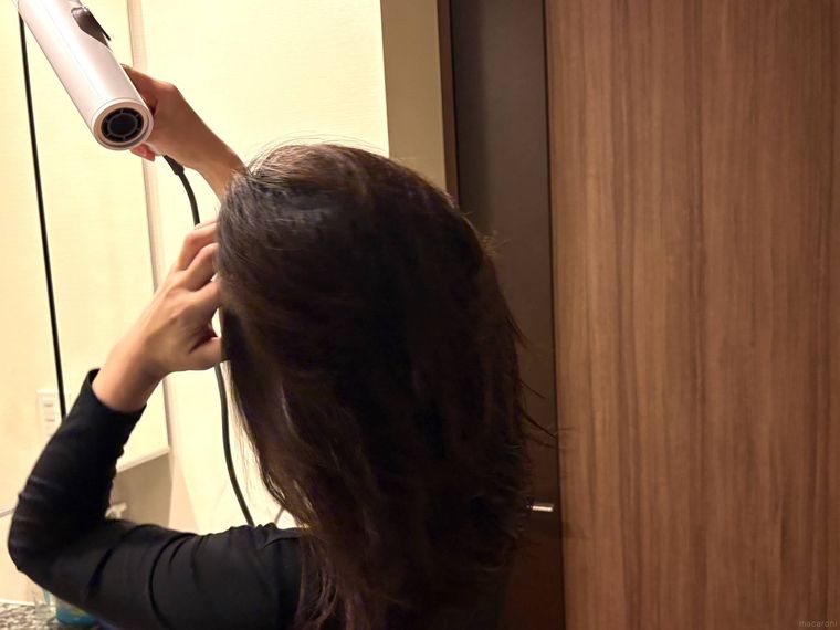 ゴリラのひとふきで髪を乾かす女性