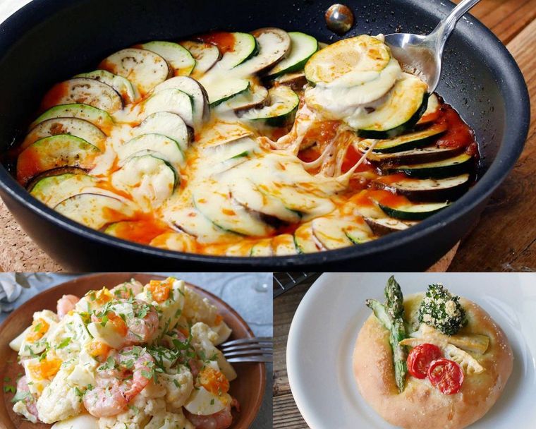 なすのトマトチーズ焼き卵サラダフォカッチャの献立例