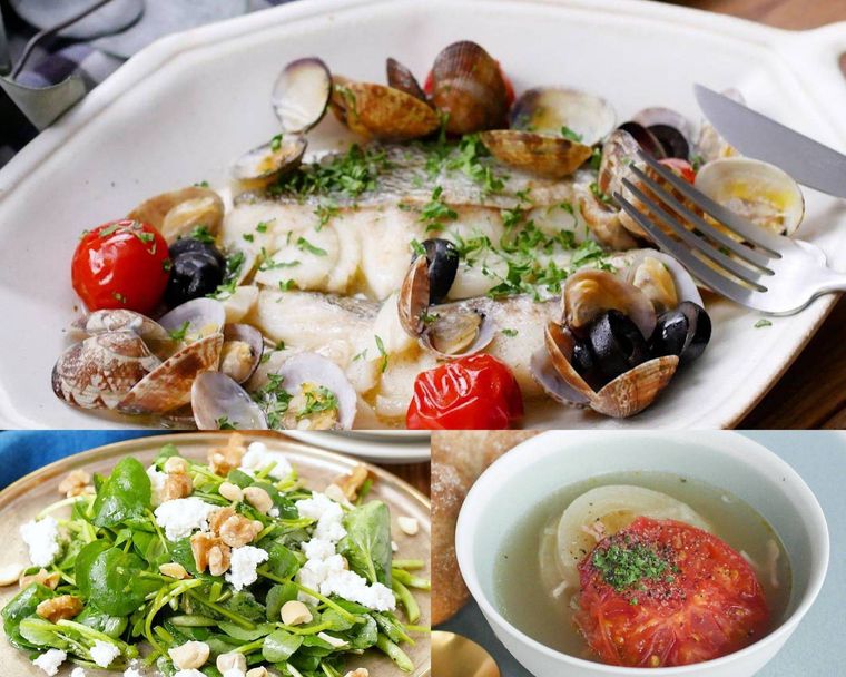 アクアパッツァカッテージチーズサラダグリル野菜スープの献立例