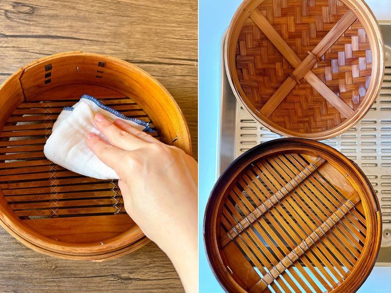 せいろを拭いて乾かす様子