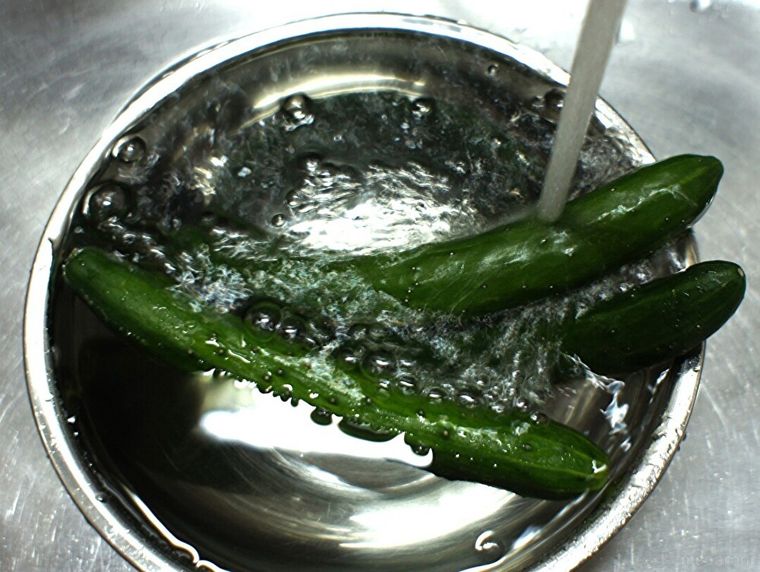 水が入ったボウルの中で洗われているきゅうり
