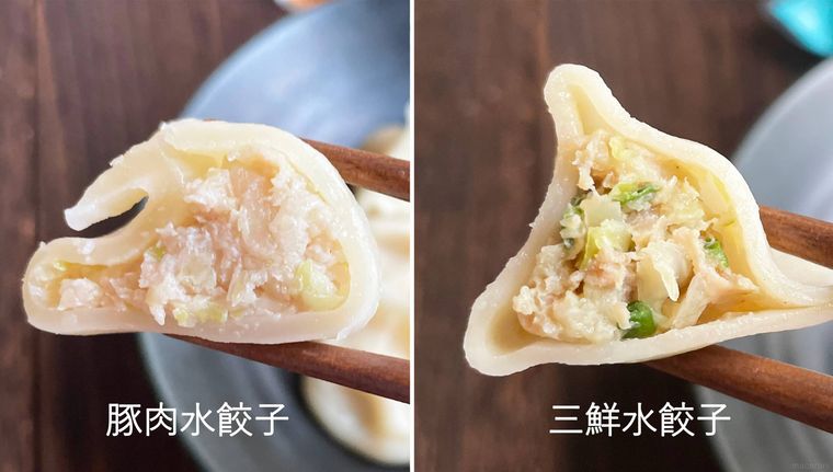 2種類の水餃子の断面写真を比較