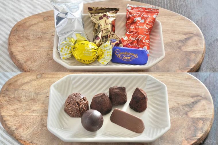 木のカッティングボードと白い皿にのったチョコレートとパッケージ