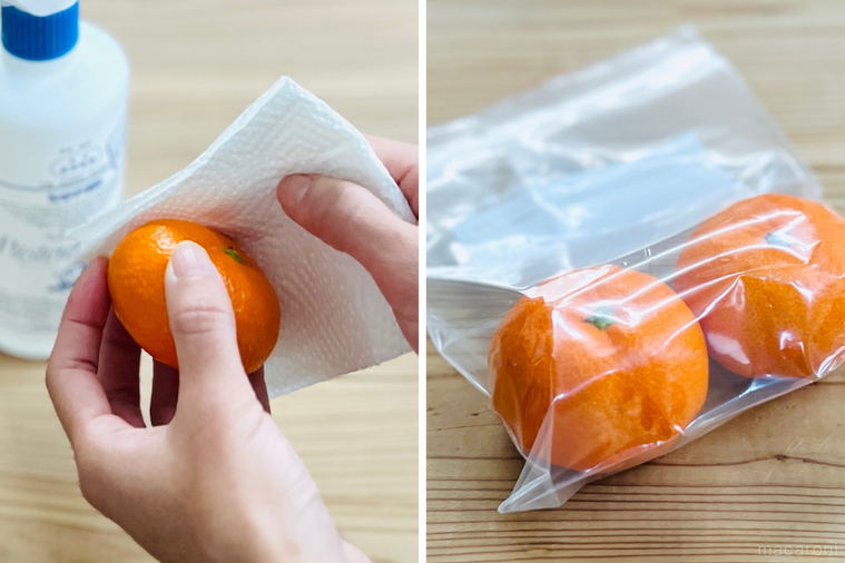 みかんを拭いている画像と、みかんをポリ袋に入れた画像のコラージュ