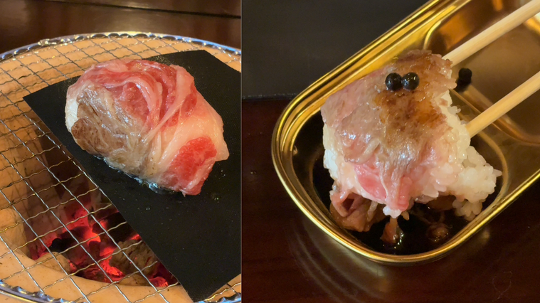 肉巻きおにぎりを焼いているところと醤油ダレにつけているところ