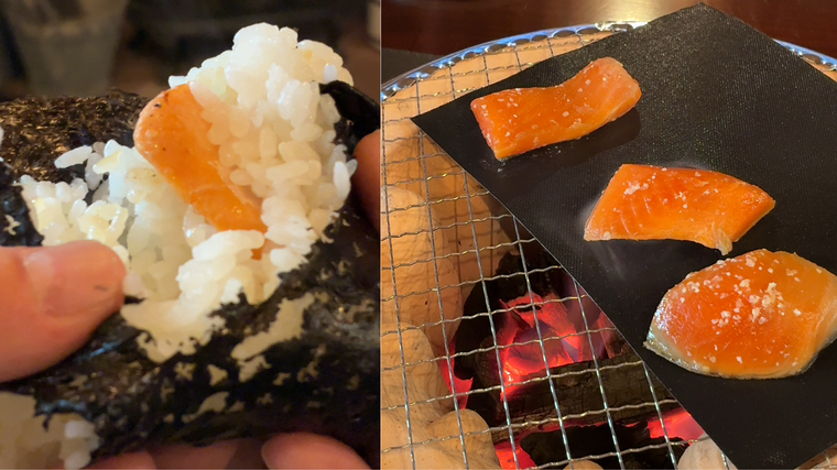 しゃけを七輪で焼いているところとおにぎりを割っているところ