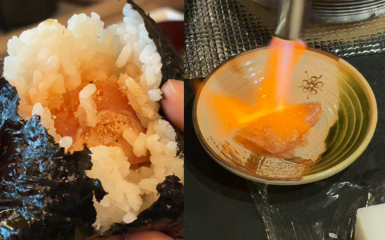 明太子を炙っているところとおにぎりを割っているところ