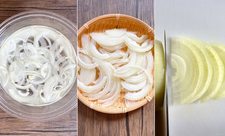 玉ねぎの辛味を抜く3つの方法をコラージュしたもの
