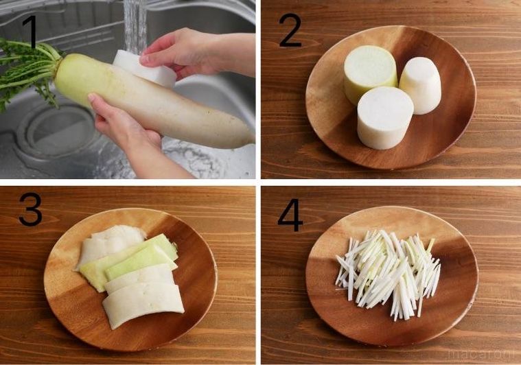 大根の皮を洗ってむいて下処理する様子