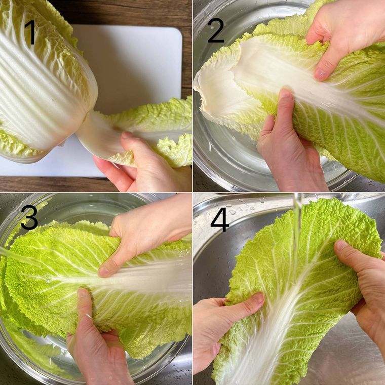 白菜の外葉を洗う様子