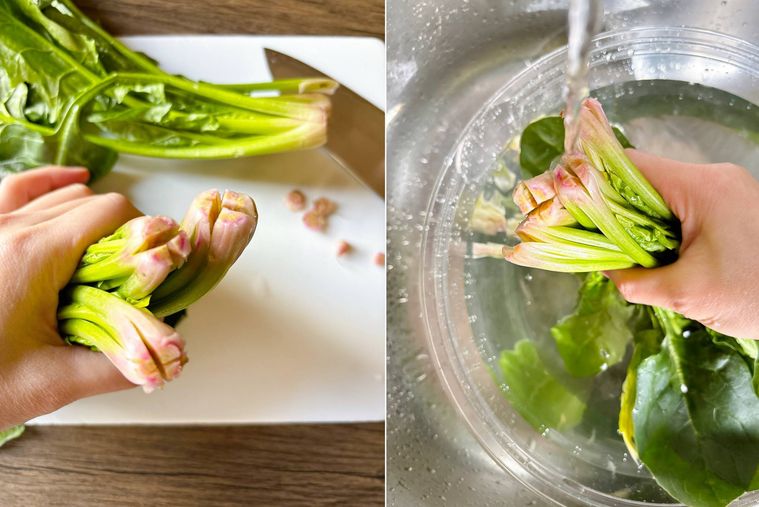 ほうれん草の根元を十字に切り、泥を洗い落とす様子