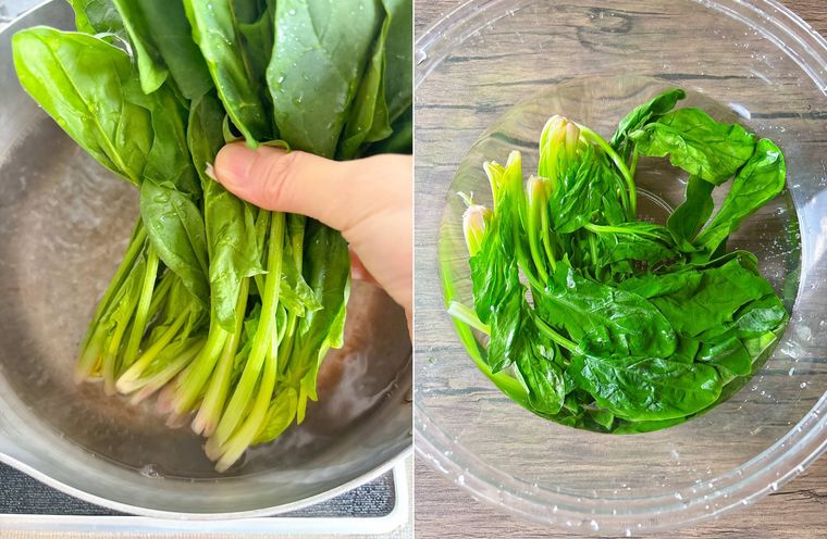 ほうれん草をゆでて冷水に取る様子