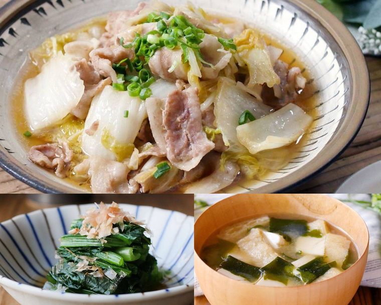 豚バラ白菜におひたしと味噌汁を合わせる献立例