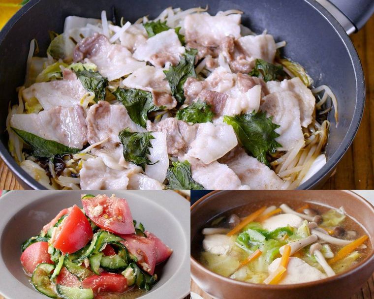 豚バラ白菜にきゅうりサラダとスープを合わせる献立例