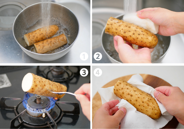 長芋の皮を流水とスポンジで洗い、根を下処理する様子