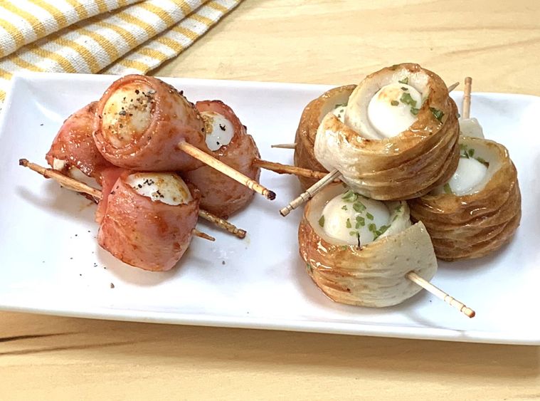 業務スーパーのパック入りうずら卵を使ったベーコン巻きとちくわ巻き
