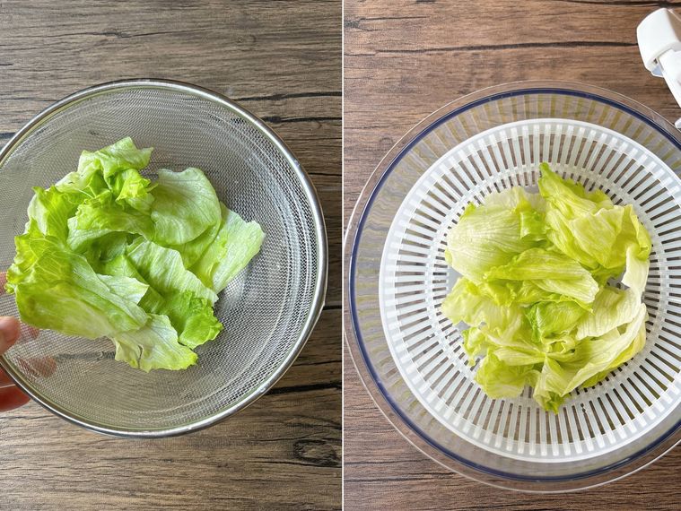 レタスをザルにあげた様子、サラダスピナーにかけたもの
