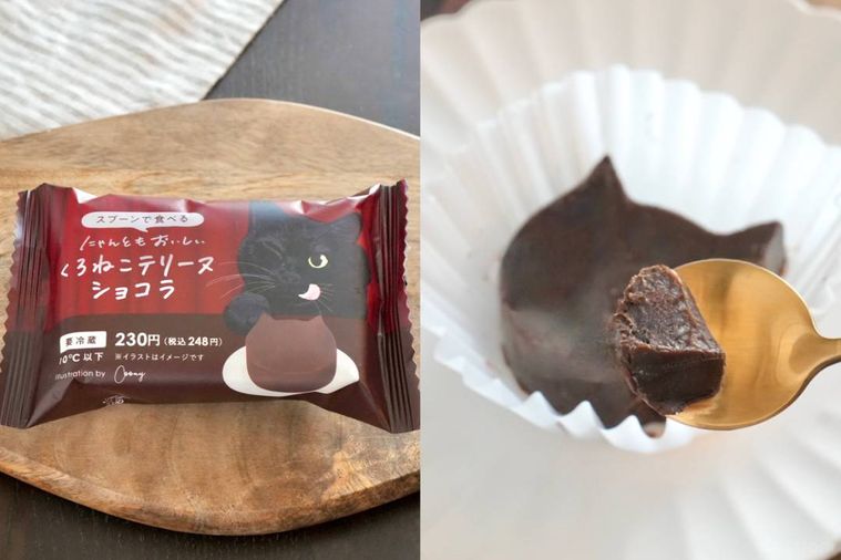 木のカッティングボードと白い皿にのった猫型のショコラテリーヌ