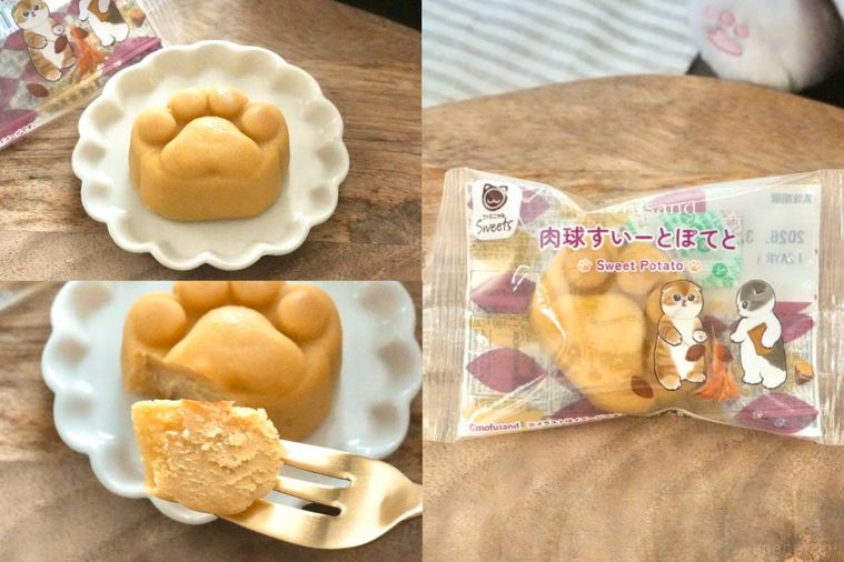 木のカッティングボードと白い皿にのった猫の肉球型のスイートポテト