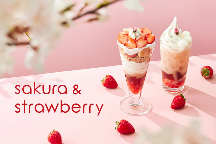 桜の苺ショートケーキパフェと桜と苺のティーゼリーラテ