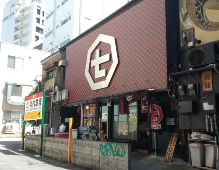 大きな看板が目を惹くまぜそば七の外観