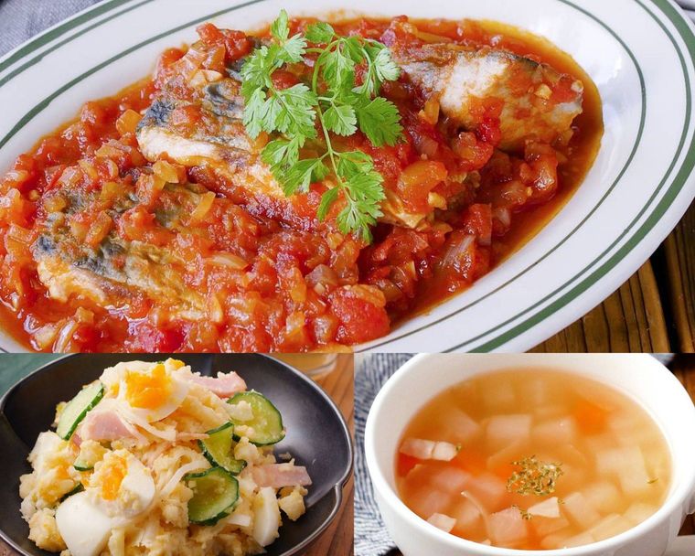 鯖のトマト煮にポテトサラダとスープを合わせた献立例