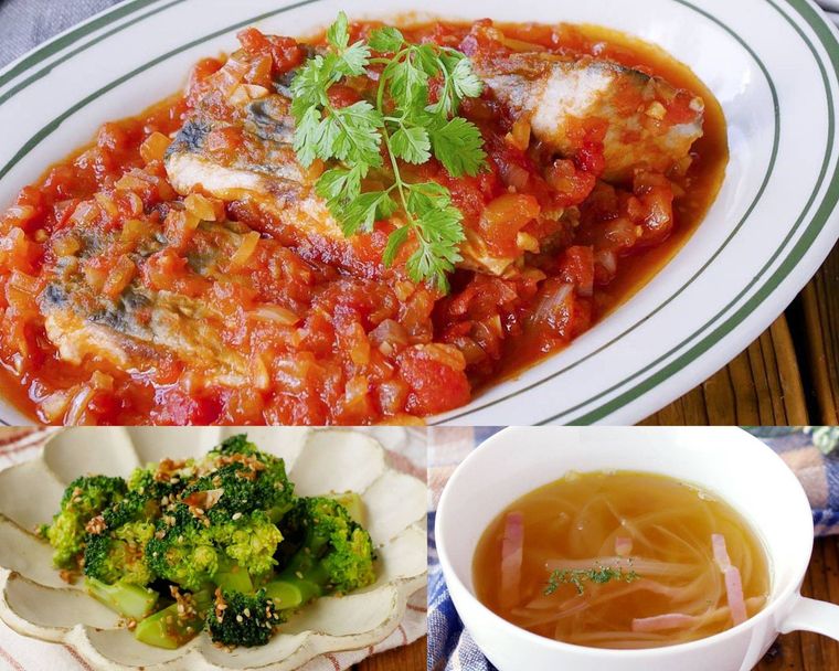 鯖のトマト煮にブロッコリーのごま和えとスープを合わせた献立例
