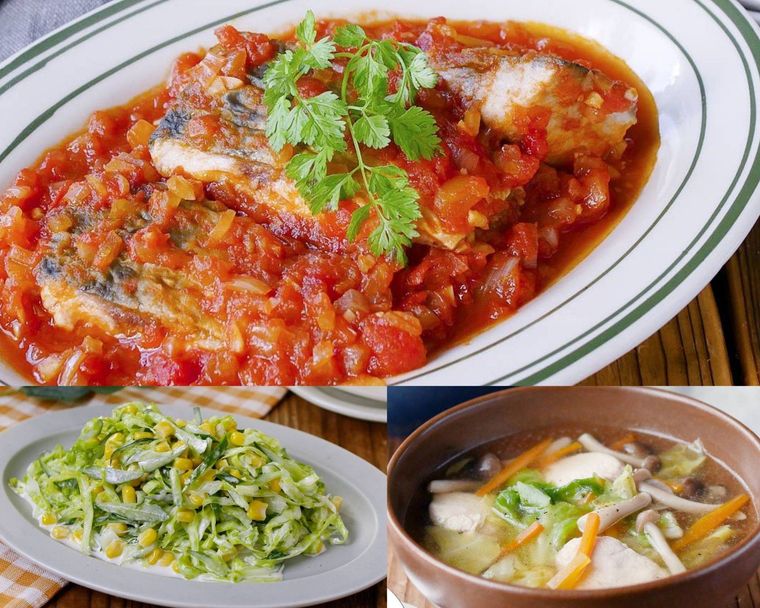 鯖のトマト煮にキャベツサラダとスープを合わせた献立例