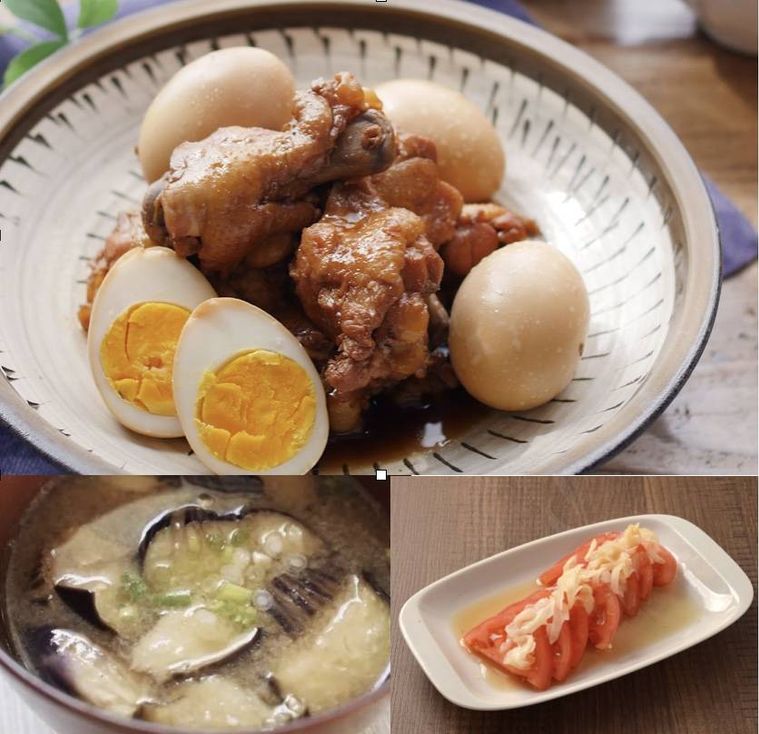 さっぱり煮になすの味噌汁と冷やしトマトを合わせた献立