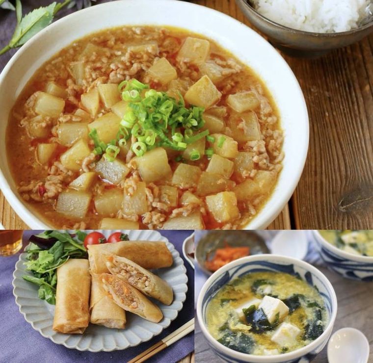 麻婆大根に春巻きと卵スープを合わせた献立