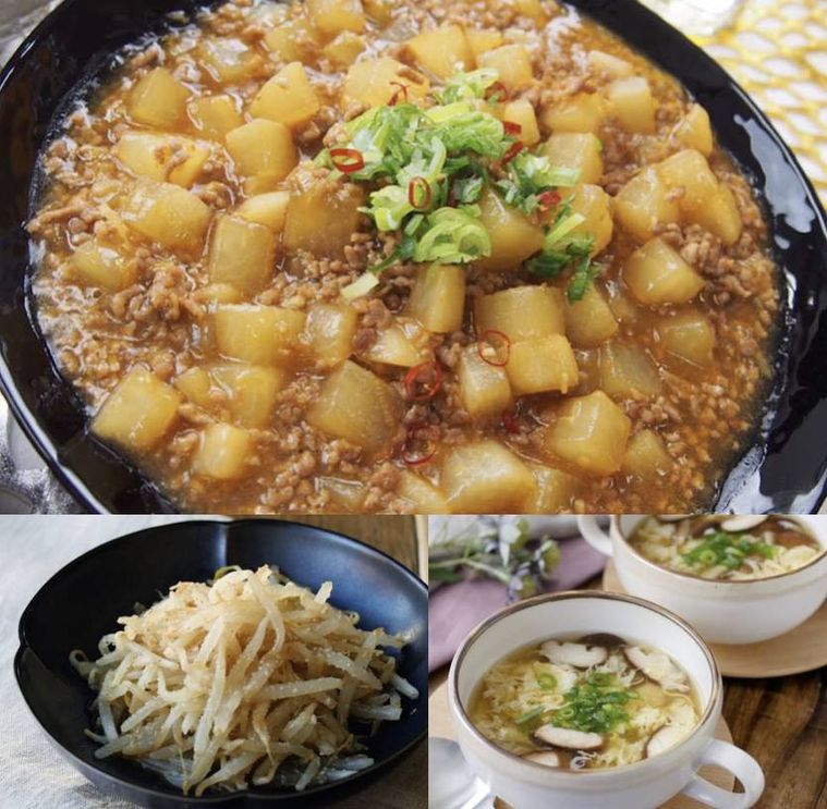 麻婆大根にもやしナムルと中華スープを合わせた献立