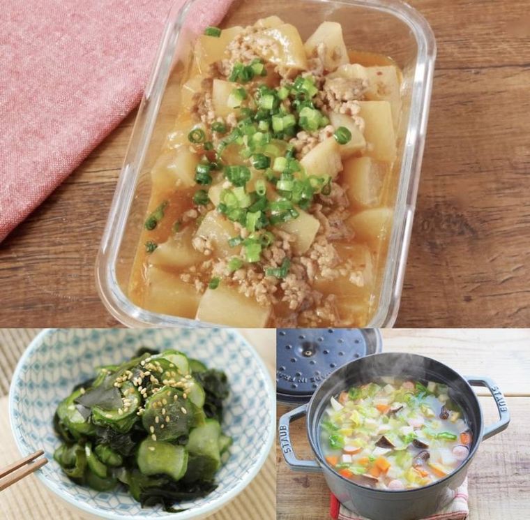 麻婆大根にきゅうりの酢の物と野菜スープを組み合わせた献立