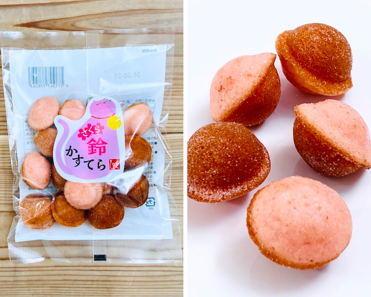 カルディ桜鈴かすてらのパッケージと中身のコラージュ画像