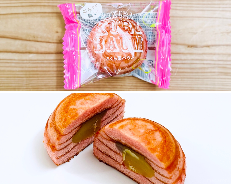 カルディさくら栗バウムのパッケージと中身のコラージュ画像