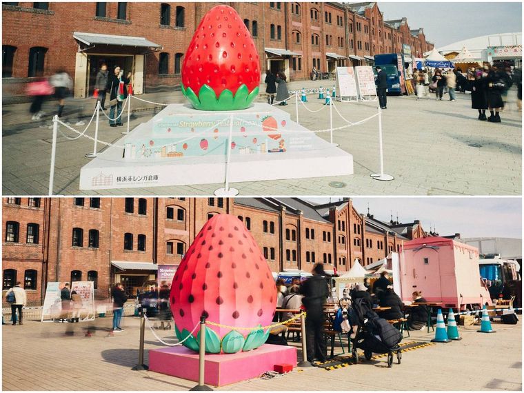 巨大いちごオブジェなどのフォトスポット