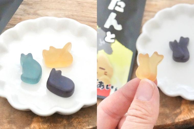 木のカッティングボードと白い小皿にのった3種類の猫型グミ