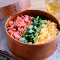 鮭・卵・小松菜の彩り三色丼弁当