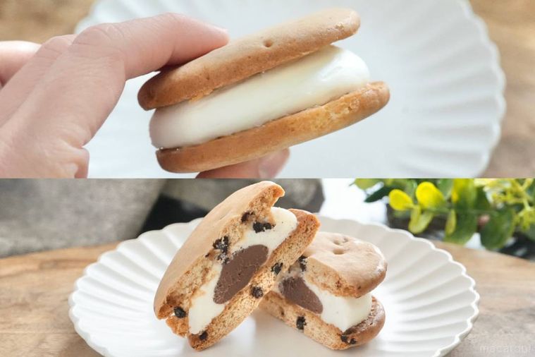 白い皿とクリームビスケットサンドを持つ手とチョコチップビスケットサンドのガナッシュの断面