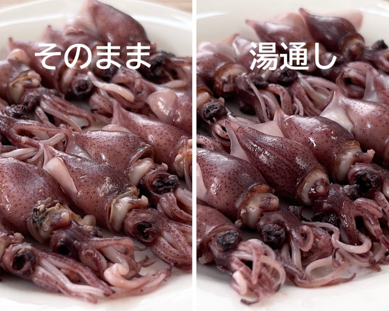 皿に盛られたボイルほたるいかのコラージュ画像